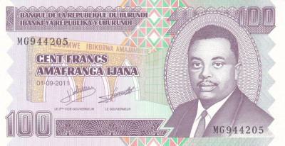 Bancnota Burundi 100 Franci 2011 - P44b UNC foto