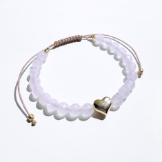 Bratara reglabila din cuart roz cu pandantiv inima auriu si accesorii metalice din otel inoxidabil