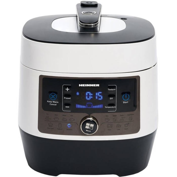 Multicooker cu gatire la presiune Heinner HPCK-6WH, 14 programe, vas antiadeziv detasabil, Timer, presiune reglabila, display LED, Alb