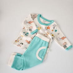 Set bluzita cu maneca lunga si pantaloni lungi, 100% bumbac organic, BabyCosy, Verde (Marime: 6-9 luni)