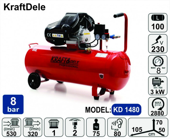 Compresor de aer industrial 100litri, 3kW, 220V KraftDele KD1480 TBC