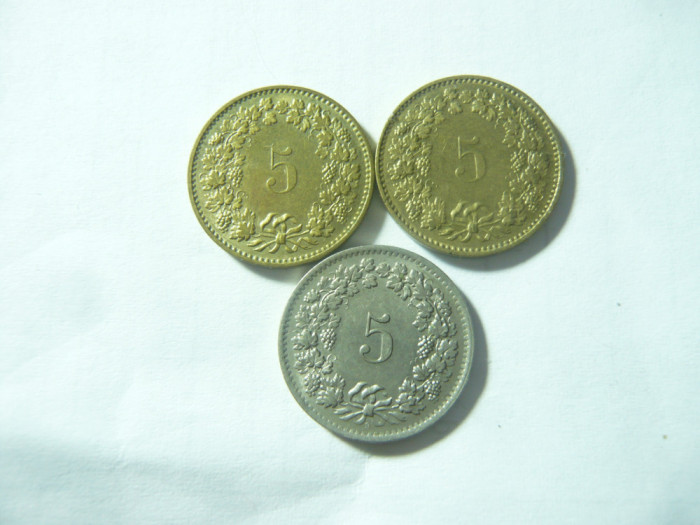 3 Monede Elvetia 5 rappen 1963 Ni si 1983 1984 bronz , cal. F.Buna
