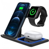 Incarcator wireless flippy, statie incarcare 3 in 1 qi fast charger 15w, incarcare rapida, compatibil cu apple watch toate seriile airpods toate model