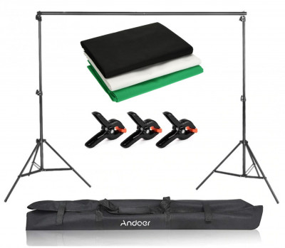 Kit suport fundal 2 x 2m fotografic + 3 panze fundal 2,4 x 2 m sau 2,2 x 3 m + geanta 2,4 x 2 m foto