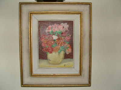 Pictura ulei pe panza Vaza cu flori lucrare semnata, indescifrabil foto