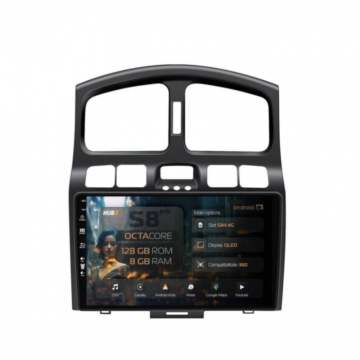Navigatie Hyundai Santa Fe (2001-2005) 8GB RAM Android 13 Octacore Slot Sim 4G DSP GPS Wi-FI Carplay Android Auto USB Bluetooth Waze Touchscreen 9 Inc