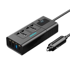 Invertor Auto iSEN 200W Negru, DC12V la AC110V 220V , Multiple Interfete, Ecran Digital, QC3.0 si PD Incarcare Rapida, Protectie Supratensiune, Ventil