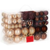 Set globuri brad si varf stea, 101 piese, plastic, 3&ndash;7 cm, maro si rose gold Household NewTrend
