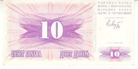 M1 - Bancnota foarte veche - Bosnia si Hertegovina - 10 dinari - 1992