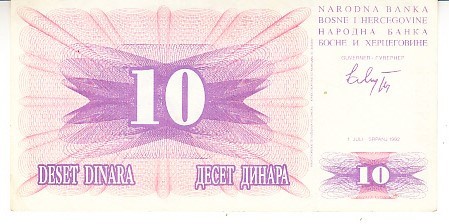 B11 - Bancnota foarte veche - Bosnia si Hertegovina - 10 dinari - 1992