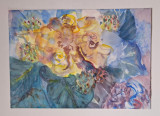 Pictura in acuarela neinramata - trandafiri galbeni, semnata 2004, 24 x 34 cm