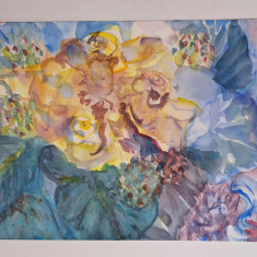 Pictura in acuarela neinramata - trandafiri galbeni, semnata 2004, 24 x 34 cm