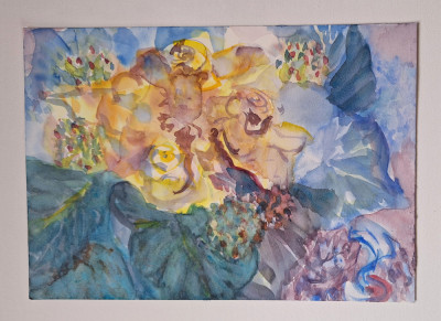Pictura in acuarela neinramata - trandafiri galbeni, semnata 2004, 24 x 34 cm foto