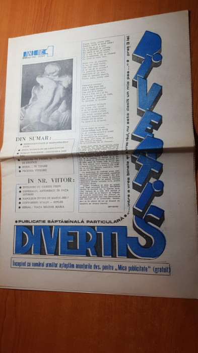 ziarul divertis 23-29 aprilie 1990 anul 1,nr. 1 al ziarului-prima aparitie