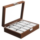 Caseta eleganta din lemn pentru depozitare si organizare 10 ceasuri, model Pufo Gentleman, maro