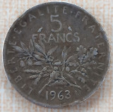 (A495) MONEDA DIN ARGINT FRANTA - 5 FRANCS 1963, SEMANATOAREA