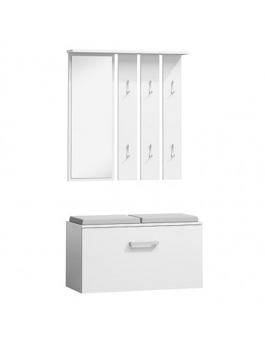 Set cuier si pantofar cu oglinda SL P001, Pal Melaminat, 6 agatatori, banca, spatiu depozitare, alb