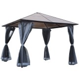 Outsunny Pavilion cu acoperiș din policarbonat, perdele cu plasă de insecte, structură de aluminiu, gri &icirc;nchis, 3 x 3 m | Aosom Romania