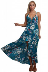 RV454-4 Rochie maxi de vara, cu imprimeu floral, volanas si crapatura in fata foto