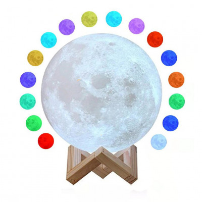 Lampa de veghe luna 3D Moon Light,lumina multicolora cu LED, 7 culori, schimbare culoare prin atingere, alimentare baterii, fara acumulator, stand din foto