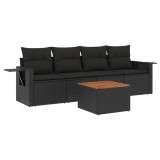 Set mobilier de gradina cu perne, 5 piese, negru, poliratan
