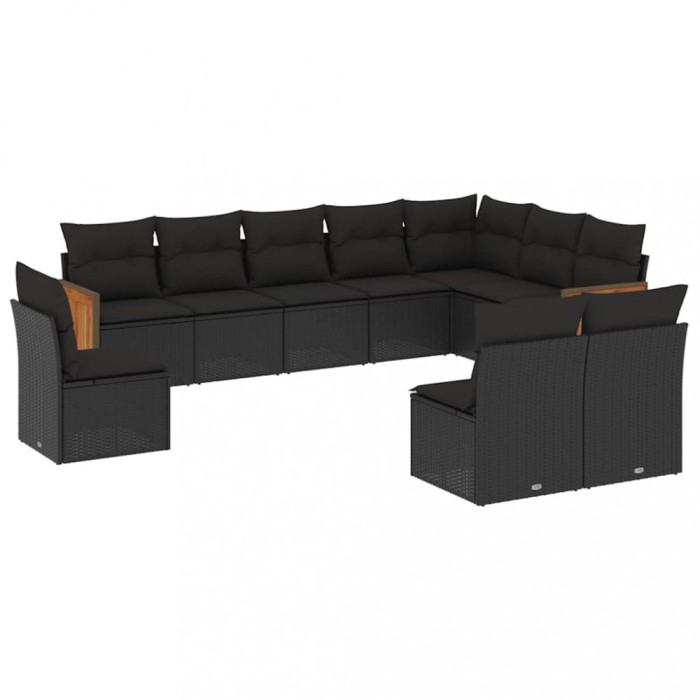 Set canapele de gradina cu perne, 10 piese, negru, poliratan