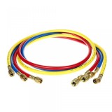 Cumpara ieftin Furtun Manometru AC 90cm Freon R134A R407C R404A, 1/4 SAE, Rosu/Albastru/Galben - Ideal incarcare/descarcare freon auto si instalatii frigorifice