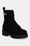 Tommy Jeans botine TJW URBAN LACE UP SUEDE femei, culoarea negru, cu toc plat, EN0EN02630