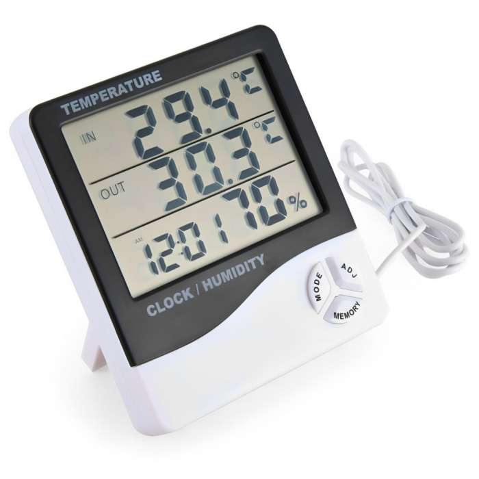 Termometru si higrometru de camera si exterior cu 1 transmitator cu fir 1.5 metri, ecran LCD, ceas, alarma, calendar, alb, Alikommerce AK