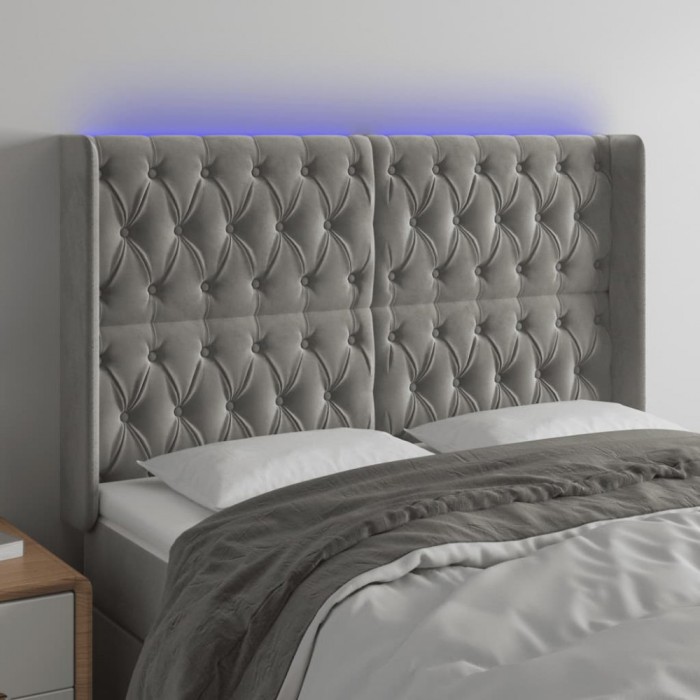 vidaXL Tăblie de pat cu LED, gri deschis, 147x16x118/128 cm, catifea 3124432