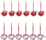 Set de 12 clopotei pentru bradul de Craciun LEMESO, metal, alb/rosu, 3,7 x 10,5 cm