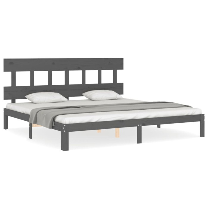 Cadru pat cu tablie 200x200 cm, gri, lemn masiv