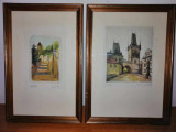 2x tablou desen gravura colorata miniatura Petr Minka 1991 Praga cu rama, Peisaje, Pastel, Realism