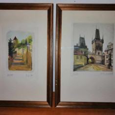 2x tablou desen gravura colorata miniatura Petr Minka 1991 Praga cu rama