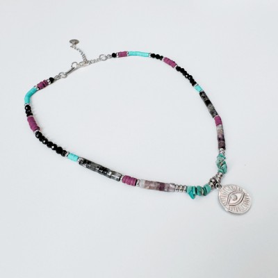 Colier colorat cu cristale si pandantiv Evil Eye - ametist, turmalina, labradorit, turcoaz foto