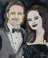 Tablou pictat original portret Brad Pitt &amp;amp; Angelina Jolie foto