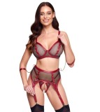 Set Lenjerie 3 Piese Bondage Mood, Negru/Rosu, M