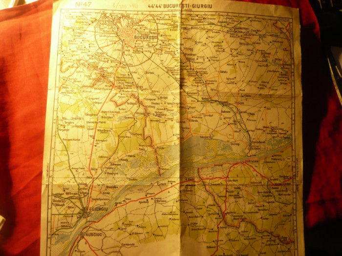 Harta rutiera interbelica - Bucuresti- Giurgiu / Ploiesti-Buzau ,33x33cm