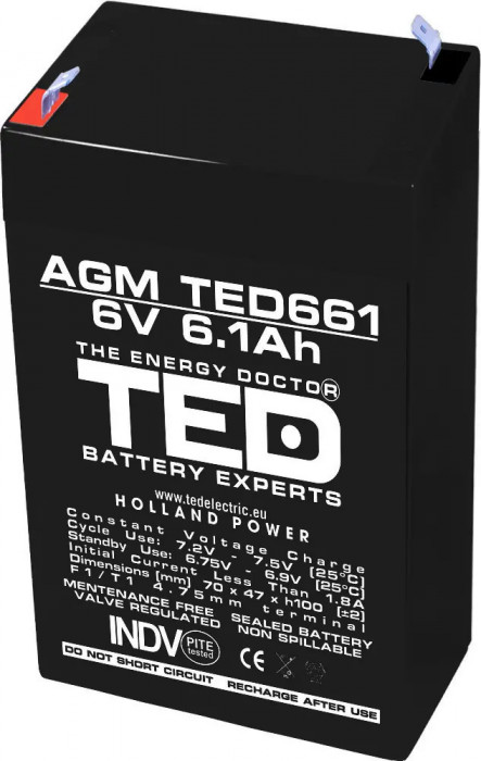 Acumulator 6V Stationar VRLA, Dimensiuni 70 x 48 x 101 mm, Baterie 6V 6.1Ah, TED Electric