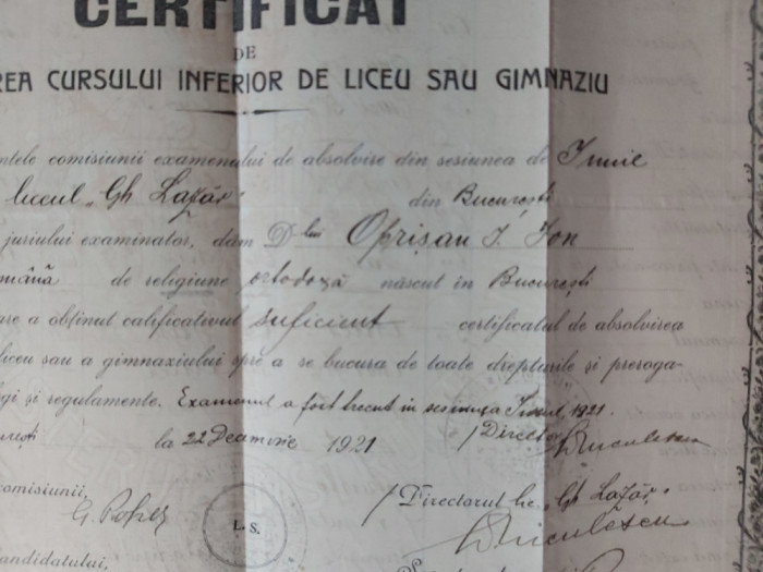 CERTIFICAT DE ABSOLVENT AL LICEULUI GHEORGHE LAZAR DIN BUCURESTI-1921.