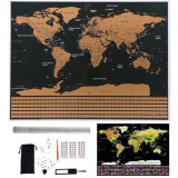 Hartă Mondială Razuibila, 82x59cm, Negru/Auriu, Set Complet cu Tub și Accesorii de Personalizare, 0.3kg
