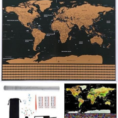 Hartă Mondială Razuibila, 82x59cm, Negru/Auriu, Set Complet cu Tub și Accesorii de Personalizare, 0.3kg