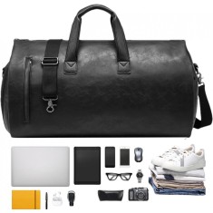 Geantă voiaj bărbați, piele PU, 45L, 10 cmp, impermeabilă, Negru