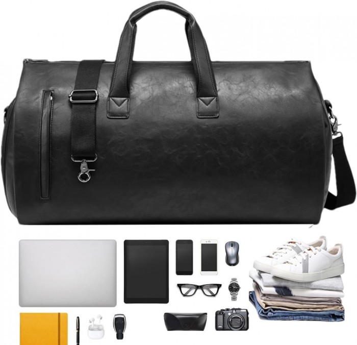 Geantă voiaj bărbați, piele PU, 45L, 10 cmp, impermeabilă, Negru