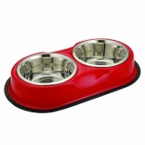 Bol dublu pentru hrana animale cu suport gumat, inox, diametru bol 13 cm, rosu