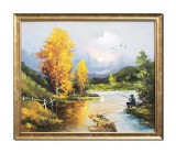 Tablou peisaj apus de soare cu pescar pictat manual inramat, 70x60cm ulei pe panza, rama din lemn, Geo Ungureanu