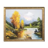 Tablou peisaj apus de soare cu pescar pictat manual inramat, 70x60cm ulei pe panza, rama din lemn, Geo Ungureanu