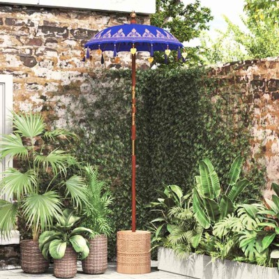 vidaXL Parasol Balinez albastru (90-100) x 260 cm Bumbac și lemn masiv 42006465 foto