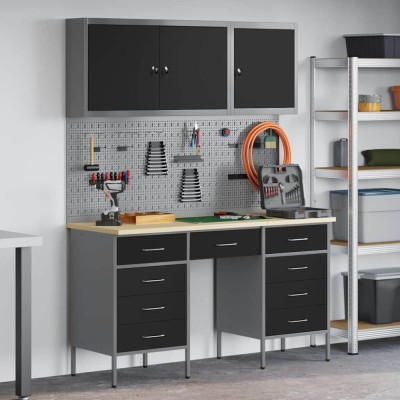 Set dulap lucru &amp;amp; panou c&amp;acirc;rlige, 8 piese, negru, MDF &amp;amp; metal foto