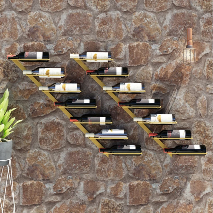 Suport sticle vin montat pe perete,2 buc.,7 sticle,auriu, metal